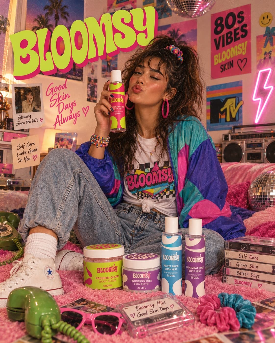 Model in an 80s windbreaker on a pink bedroom floor with a Passion Glow scrub, a Blooming Rose butter and two mists