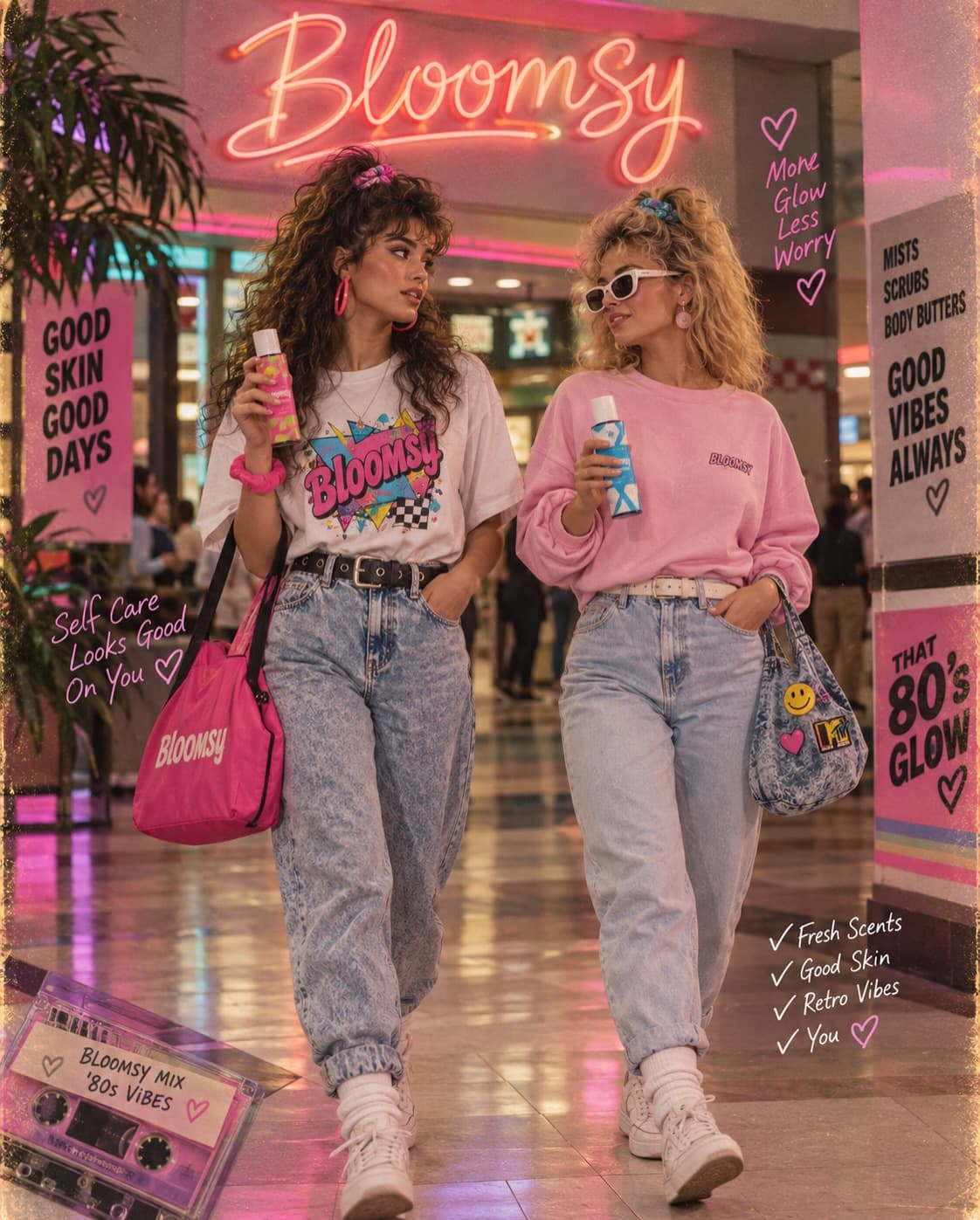 Two friends walking through a retro mall holding Bloomsy mists under a neon Bloomsy sign